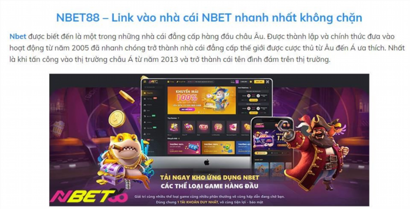 Nhà cái NBET là một nhà cái cá cược trực tuyến uy tín và phổ biến, cung cấp đa dạng các trò chơi như cá độ bóng đá, casino trực tuyến, xổ số và nhiều trò chơi khác, đáp ứng nhu cầu giải trí và đánh giá cao sự thỏa mãn của người chơi.